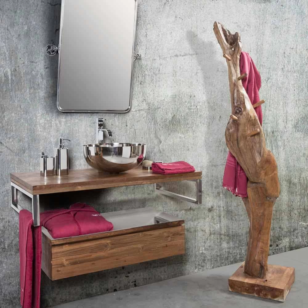 Kapstok Met Structuur En Pinnen In Massief Teak - Fir 4 Kapstok Met Structuur En Pinnen In Massief Teak - Fir - Afbeelding 2