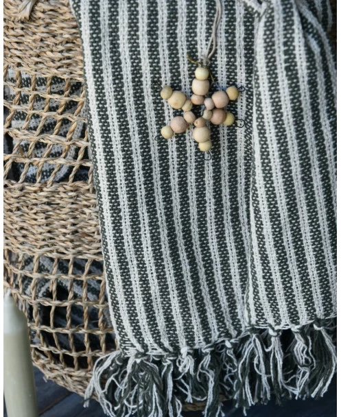 Geweven Sprei Olijfgroen Gebroken Wit Gestreept Met Kwastjes, IB Laursen 4 Geweven Sprei Olijfgroen Gebroken Wit Gestreept Met Kwastjes, IB Laursen - Afbeelding 2