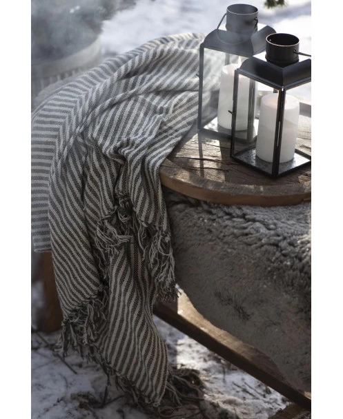 Geweven Sprei Olijfgroen Gebroken Wit Gestreept Met Kwastjes, IB Laursen 6 Geweven Sprei Olijfgroen Gebroken Wit Gestreept Met Kwastjes, IB Laursen - Afbeelding 4