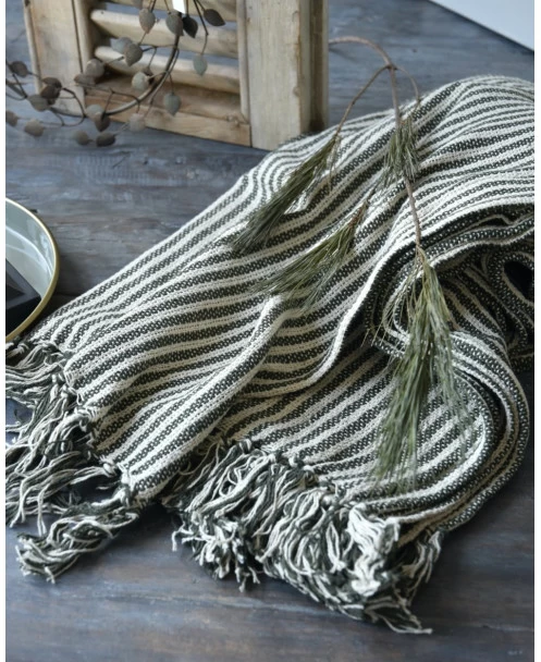 Geweven Sprei Olijfgroen Gebroken Wit Gestreept Met Kwastjes, IB Laursen 7 Geweven Sprei Olijfgroen Gebroken Wit Gestreept Met Kwastjes, IB Laursen - Afbeelding 5