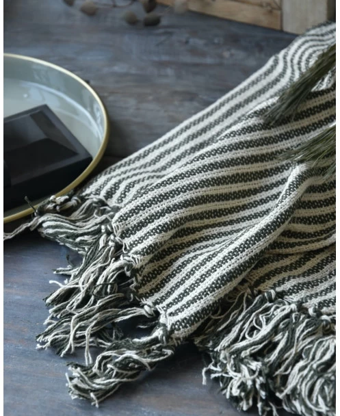 Geweven Sprei Olijfgroen Gebroken Wit Gestreept Met Kwastjes, IB Laursen 10 Geweven Sprei Olijfgroen Gebroken Wit Gestreept Met Kwastjes, IB Laursen - Afbeelding 8