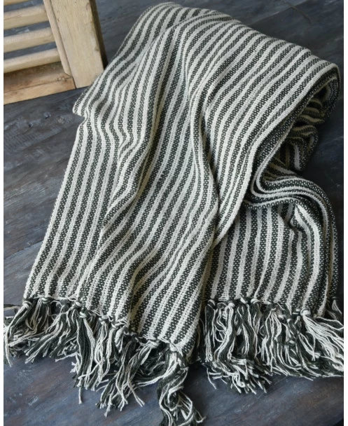 Geweven Sprei Olijfgroen Gebroken Wit Gestreept Met Kwastjes, IB Laursen 3 Geweven Sprei Olijfgroen Gebroken Wit Gestreept Met Kwastjes, IB Laursen