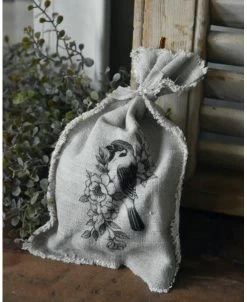 Linnen Geurzakje Met Vogel Op Bloesem Tak, Shabby