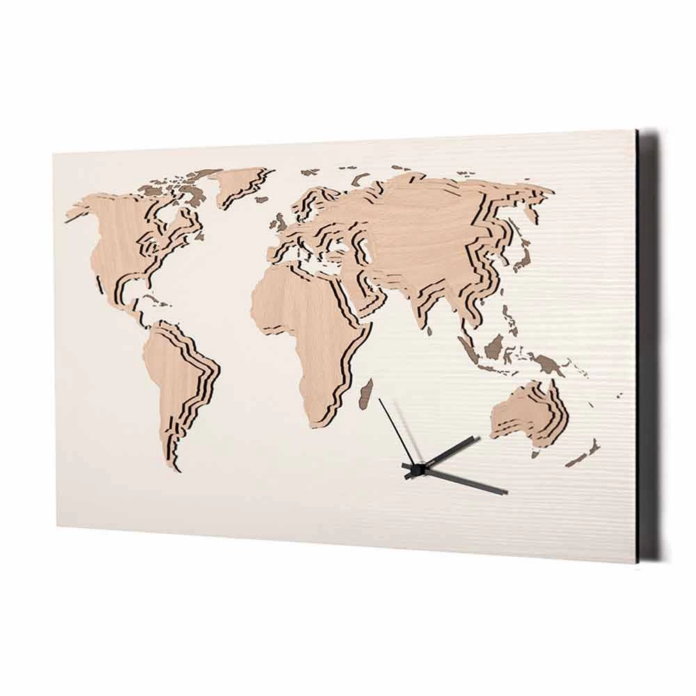 Houten Wandklok Met Wereldkaartdecoratie Made In Italy - Mappo 3 Houten Wandklok Met Wereldkaartdecoratie Made In Italy - Mappo