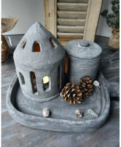 Theelicht Houder Huis Rond Vintage Grijs Groot, Brynxz